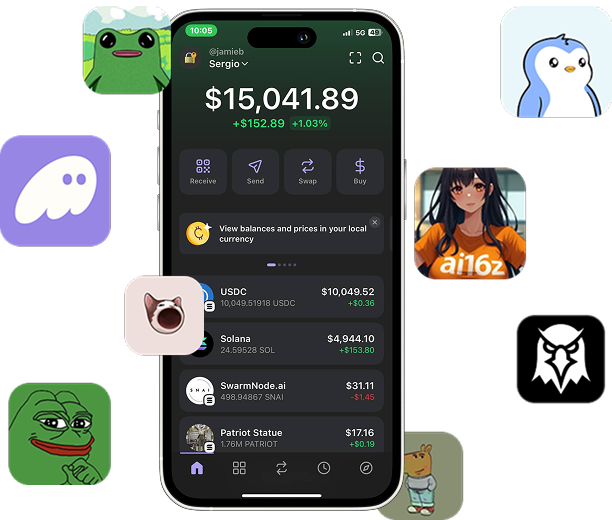Solana Token Launcher Mobile App Interface showing portfolio with various tokens